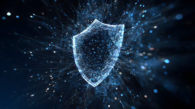 Digital glowing shield symbol, futuristic cyber security concept neon light particles technology background