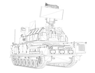 A detailed black and white military tank drawing on a white background, featuring tracks, turret, and anti-aircraft missile system components.