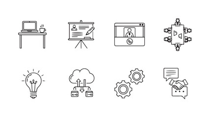 Collection of business and technology concept icons in a hand drawn silhouette style