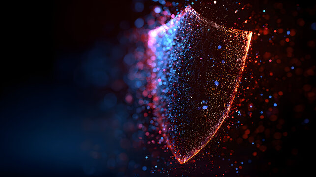 Digital glowing shield symbol, futuristic cyber security concept neon light particles technology background