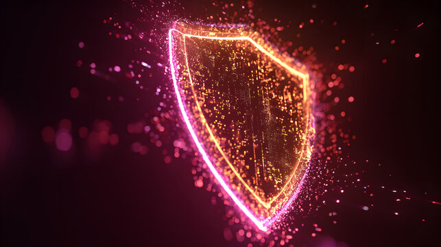 Digital glowing shield symbol, futuristic cyber security concept neon light particles technology background