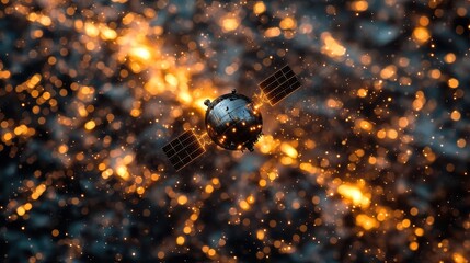 Satellite in Space Surrounded by Glowing Particles