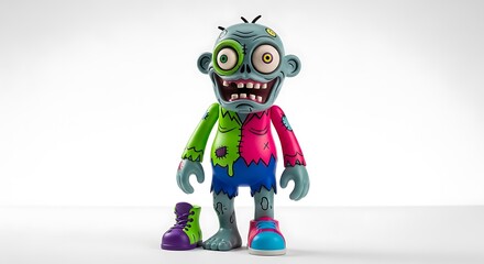 Colorful cartoon zombie figurine, vibrant colors, expressive face, standing pose, with mismatched shoes.