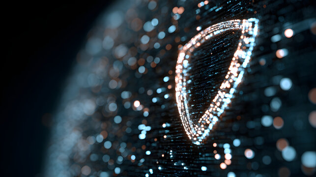 Digital glowing shield symbol, futuristic cyber security concept neon light particles technology background