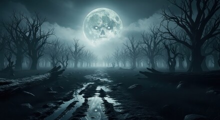 Fototapeta premium Spooky Forest Path Under a Demonic Full Moon