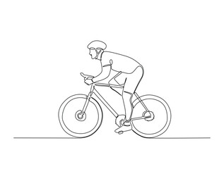 Continuous line art drawing of cyclists cycling on road ,bicycle sport race concept.  Athlete riding a bicycle in single line art drawing vector illustration. Editable stroke.