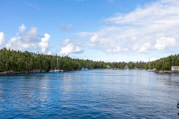 Peaceful waters and scenic views at Big Tub Harbour in Tobermory, Ontario.