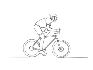Continuous line art drawing of cyclists cycling on road ,bicycle sport race concept.  Athlete riding a bicycle in single line art drawing vector illustration. Editable stroke.