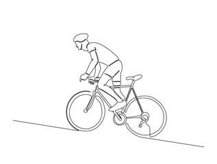 Continuous line art drawing of cyclists cycling on road ,bicycle sport race concept.  Athlete riding a bicycle in single line art drawing vector illustration. Editable stroke.