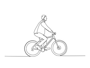 Continuous line art drawing of cyclists cycling on road ,bicycle sport race concept.  Athlete riding a bicycle in single line art drawing vector illustration. Editable stroke.