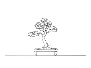 Continuous line art drawing of small bonsai tree. Bonsai tree in single line art drawing vector illustration. Editable stroke.