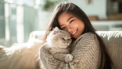 Coffee Stories Young Woman Joyfully Cuddling Cat in Sunlit Cozy Living Room