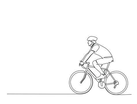 Continuous line art drawing of cyclists cycling on road ,bicycle sport race concept.  Athlete riding a bicycle in single line art drawing vector illustration. Editable stroke.