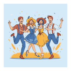 Joyful Group of Cartoon Friends Celebrating Together in a Colorful Scene