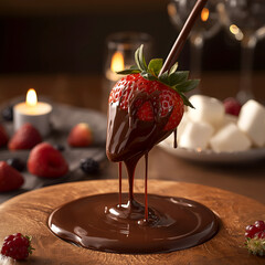Fresh Strawberry Dipped in Rich Melted Chocolate with Romantic Candlelight Ambience