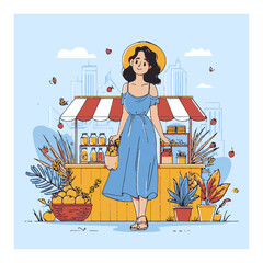 Cheerful Woman in Blue Dress at Vibrant Market with Fresh Produce