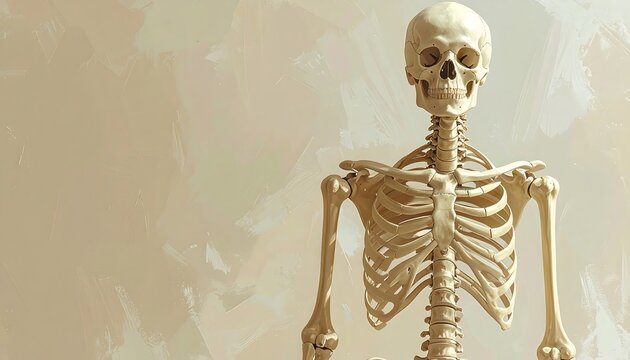 Anatomical skeleton against a textured backdrop