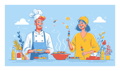 Cartoon Cooking Scene with Chef and Enthusiastic Food Enthusiast