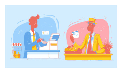 Business Cartoon of Cashier with Customer at Register and Fruit Stand