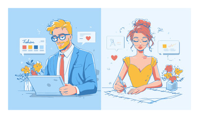 Stylish Cartoon Characters Working on Fashion Design Ideas in Vector Art