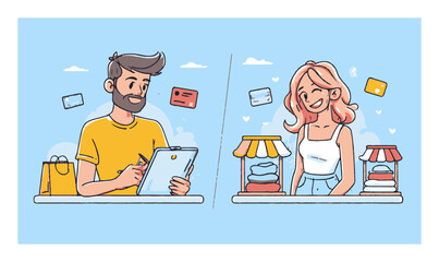 Cartoon Characters Shopping and Selling Goods in a Vibrant Vector Art Style