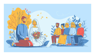 Romantic Cartoon Illustration of Wedding Ceremony with Guests and Nature