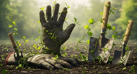 Surreal concept of a gardener's glove hand rising from the soil, entwined with sprouting green vines and tools