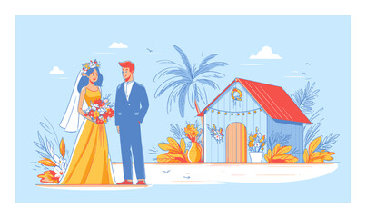 Charming Cartoon Vector Illustration of a Bride and Groom by a Tropical Cottage
