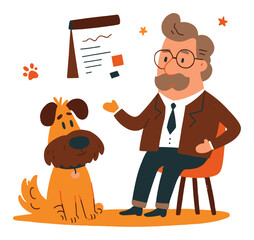 Friendly Cartoon Man with Dog and Chart in Vector Style Illustration