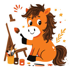 Cute Cartoon Horse Painting on Canvas in Colorful Style for Children