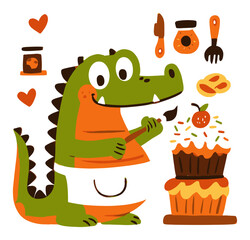 Cartoon Alligator Chef Making Cupcake with Colorful Decorations
