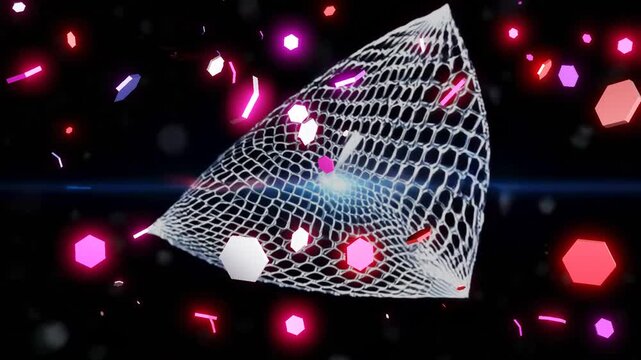 10 seconds hd video animation of  triangular mesh turning rotating with hexagons  floating up