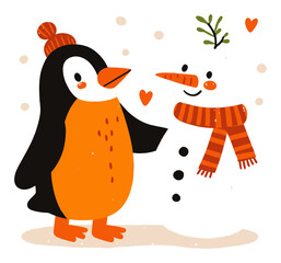 Happy Penguin and Snowman Cartoon Characters in Winter Landscape Scene