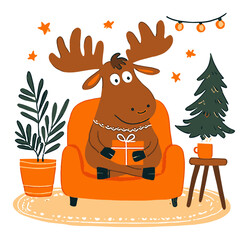 Cartoon Moose Sitting on Orange Chair with Christmas Decor and Gifts