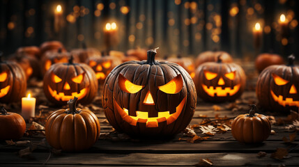 A Spooky Arrangement of Halloween Pumpkins and Lights