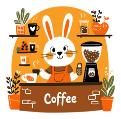Cute Cartoon Bunny Barista at Coffee Shop Surrounded by Plants and Cups