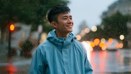Walk, Rain, Young Man Smiling, Blue Raincoat, Urban Street, Evening, Joyful Expression, Illustrating Serenity and Solitude