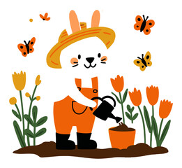 Cute Cartoon Rabbit Gardening with Flowers and Butterflies in Vibrant Style