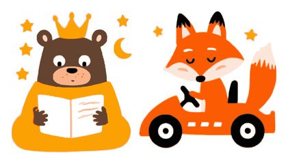 Adorable Cartoon Bear and Fox in Fun Playful Scene for Kids Design