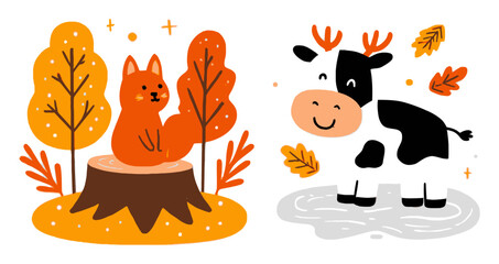 Charming Cartoon Fox and Cow in Autumn Nature Setting with Fun Leaves
