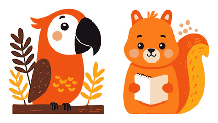 Cute Cartoon Parrot and Squirrel with Bright Colors and Playful Expressions