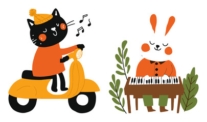 Playful Cartoon Cat Riding Scooter and Happy Rabbit Playing Piano