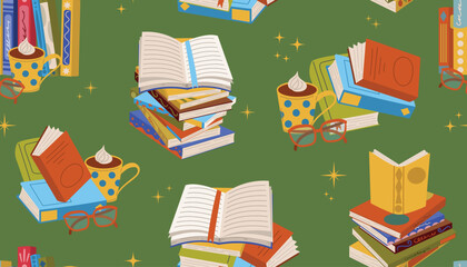 Cartoon flat style seamless pattern with book, stacks, reading glasses, and cocoa mug.