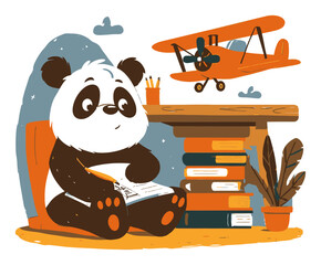 Cute Cartoon Panda Drawing at Desk with Books and Airplane in Background