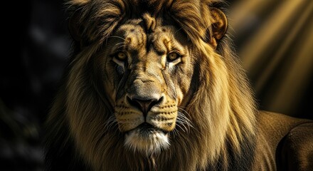 Naklejka premium Black and gold lion portrait, cinematic dramatic lighting