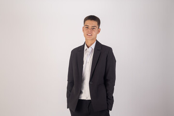 Man in suit and tie against white background