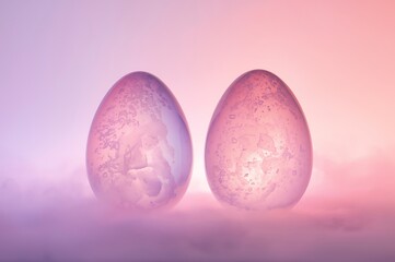 Two glowing translucent easter eggs with subtle patterns sit side by side against a soft gradient background of pink and purple hues