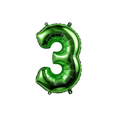 Shiny Green Number Three Foil Balloon on Transparent Background
