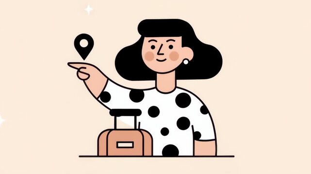A woman, suitcase and location marker combine in a vibrant illustration to promote the joy of travel and journey. The minimalist aesthetic and joyful mood convey a sense of wonder and exploration.