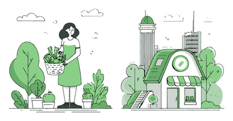 Woman with Basket of Vegetables Near Urban Garden Shop Illustration